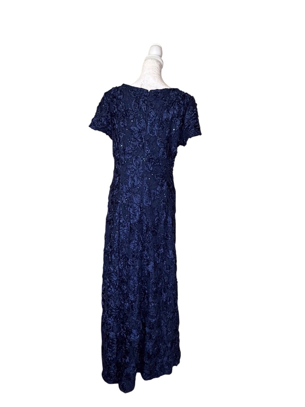 Alex Evenings blue satin sequined rosette maxi formal evening gown women’s sz 12 - Picture 4 of 9